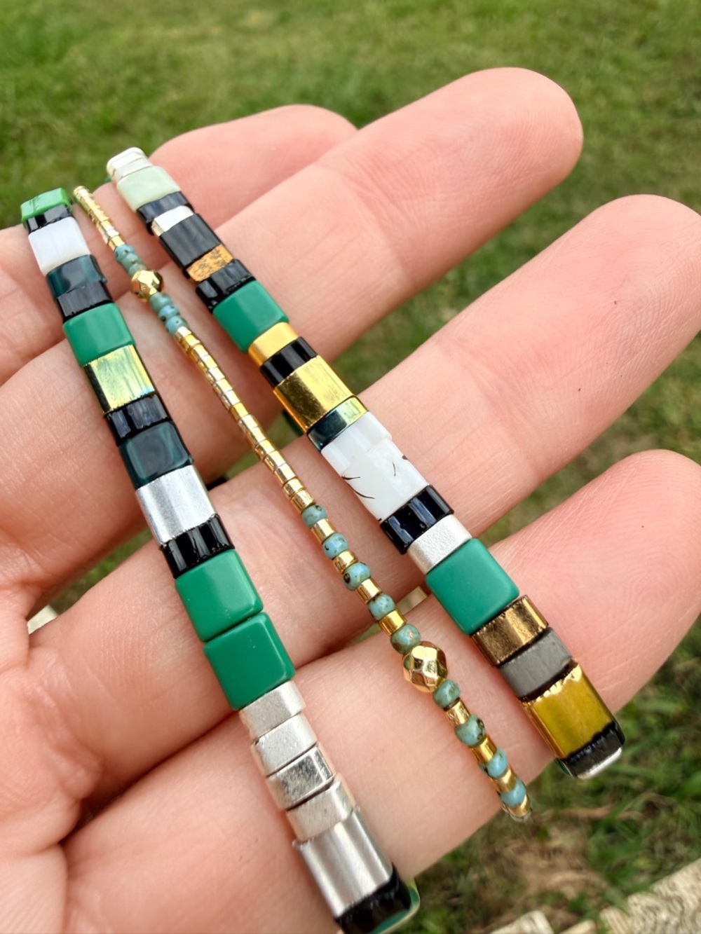 Green and Gold Tile Bead Stretch Bracelet Set - Women Jewelry